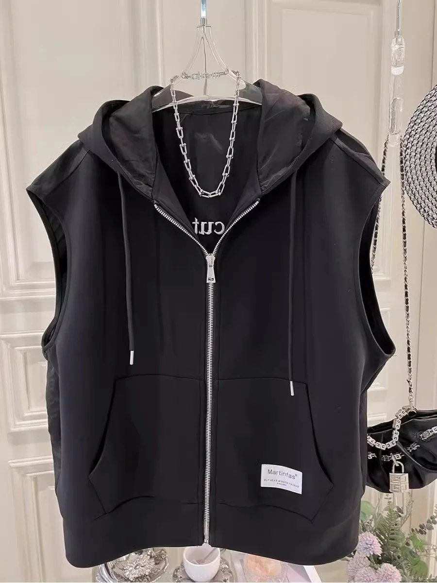 European Goods Plus size 50.00kg Design Sense Print Hood Loose Slimming Fashion Cardigan Zip-up Vest Outerwear