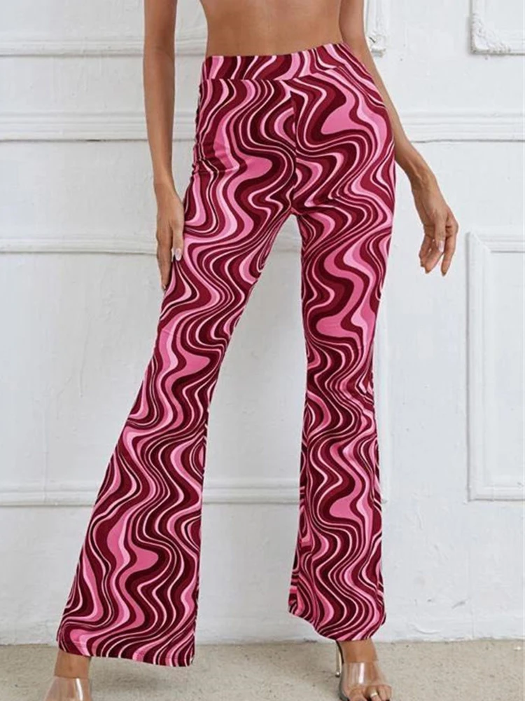 Summer Fashion High Waist New Design Flare Pants Women Water Ripples Printed Yoga Trousers Casual Female Streetwear