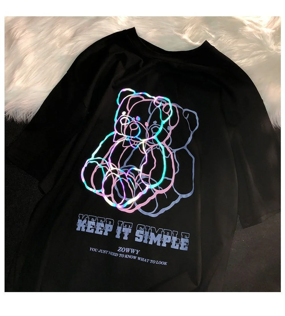 

Colorful Bear Letter Print Oversized Women T Shirt Summer Casual Loose Short Sleeve T Shirt Women Plus Size Tops