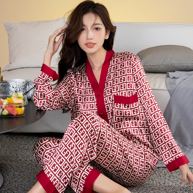 Women Pajamas Set New Luxury Style Cross Letter Print Sleepwear Silk Pijama Leisure Home Clothes Nightwear Pyjama