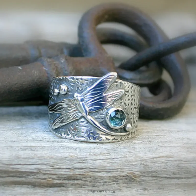 

Vintage 925 Silver Hand Carved Dragonfly Ring Boho Ladies Inlaid Blue Crystal Silver color Ring