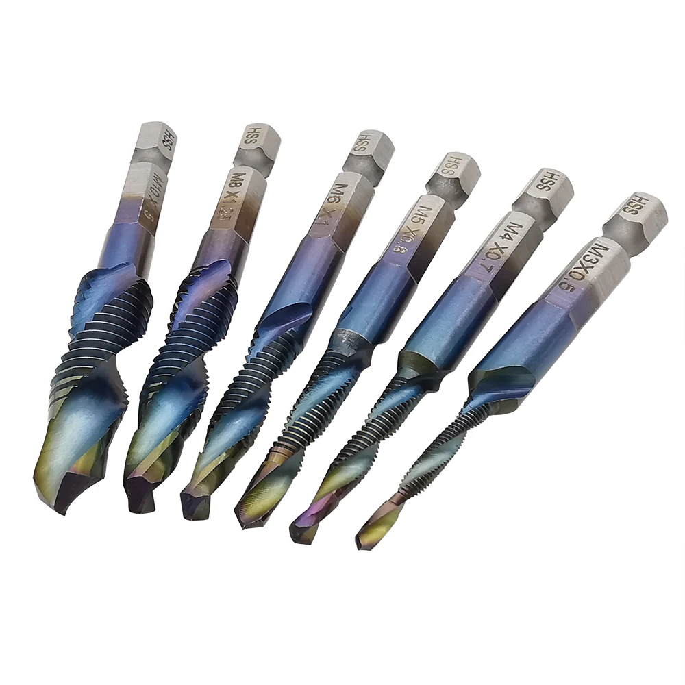 

6Pcs HSS Titanium Plated Hex Shank Drilling Tapping Screw Thread Spiral Compound Tap Drill Bit M3 M4 M5 M6 M8 M10 Hand Tools Set