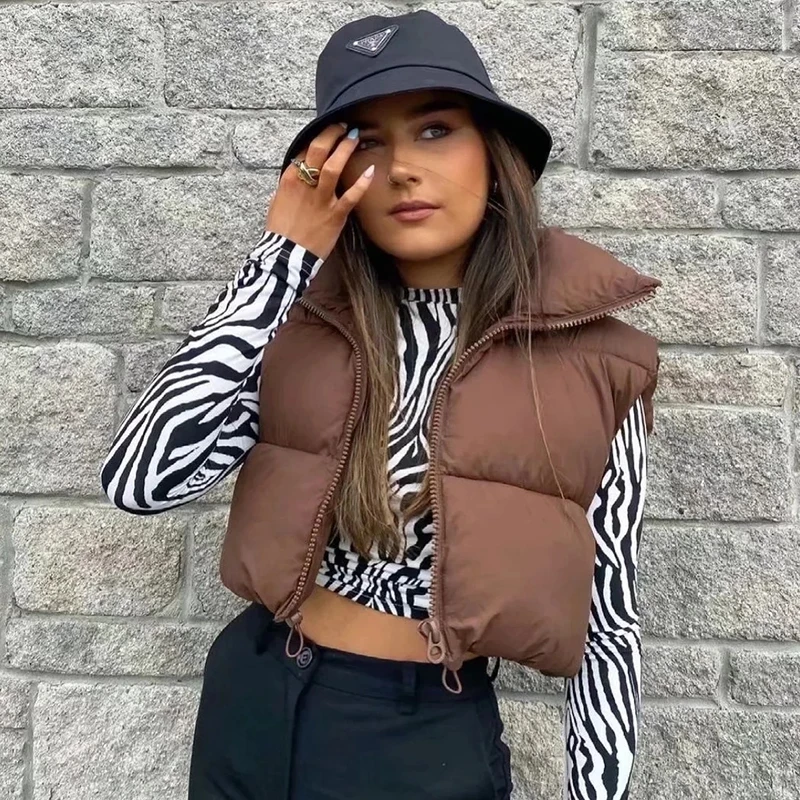 

Fashion Autumn New 2022 Stand Collar Zipper Down Cropped Coats Warm Outerwear Casual Belt Sleeveless Winter Women Vests Jackets