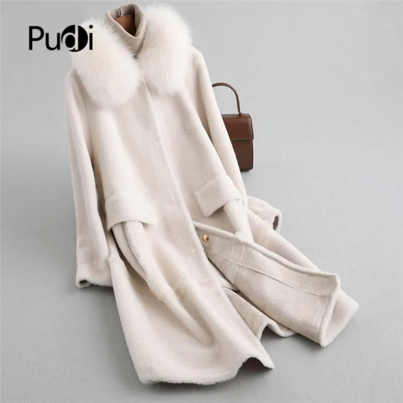 

PUDI A19034 Lady Real Wool Fur Coat Jacket With Real Fox Fur Collar Over Size Parka Women Winter Warm Genuine Fur Coats Trench