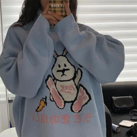 deeptown kawaii rabbit print blue oversize sweater women korean style harajuku cute turtleneck jumper female pullover ugly tops