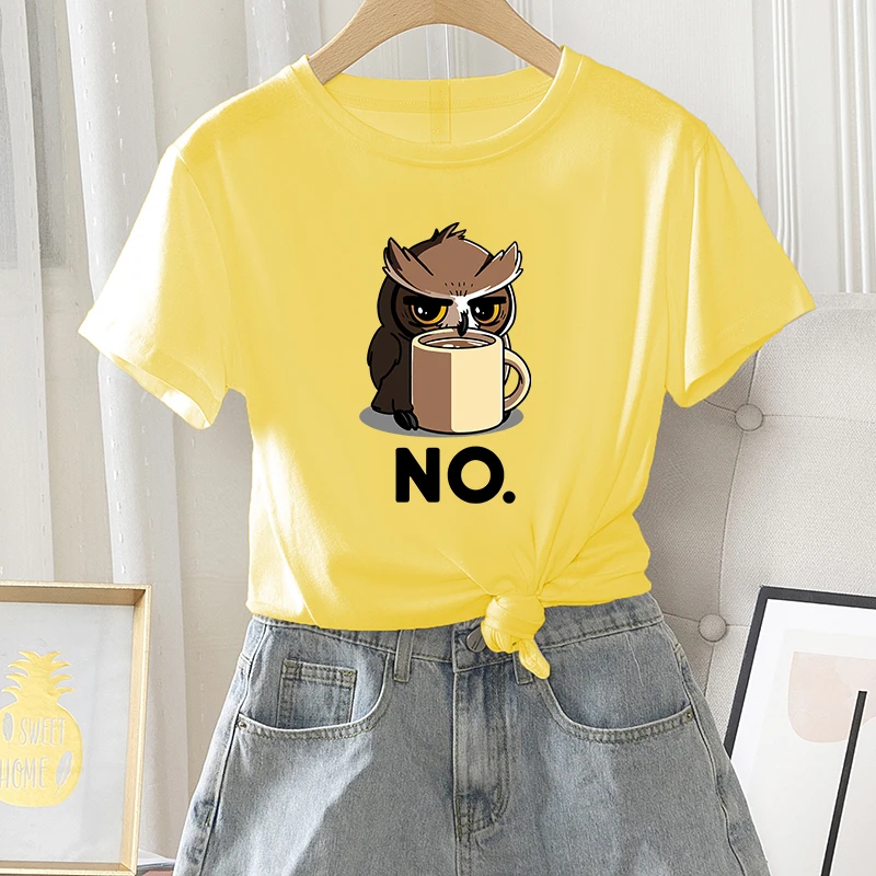 

Female Regular Casual Summer Short Sleeve Ladies Fashion Daily Graphic T-shirt Owl Coffee Cup Print Women T Shirt O-Neck Tee Top
