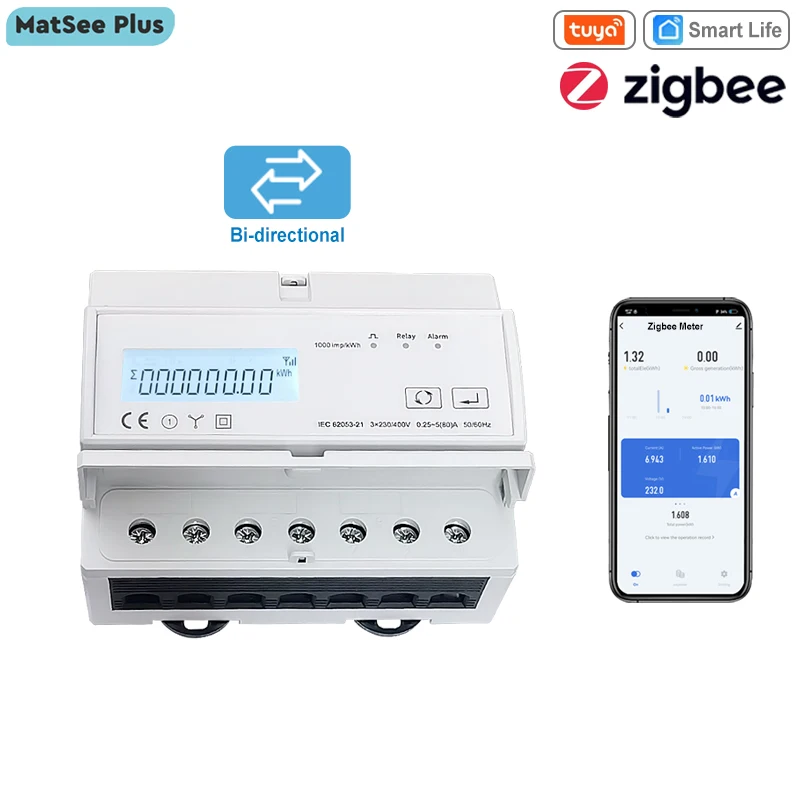 

ZigBee 3-фазный счетчик энергии, двунаправленное приложение Tuya, дистанционное управление, ваттметр, поддержка Modbus RTU 3*110/190 В или 230/400 В переменного тока, 50/60 Гц