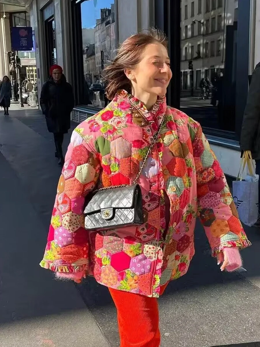 

Женские парки с цветочным принтом, зимняя однобортная куртка большого размера с V-образным вырезом, топы с длинным рукавом, повседневные ВИНТАЖНЫЕ пальто, 2023