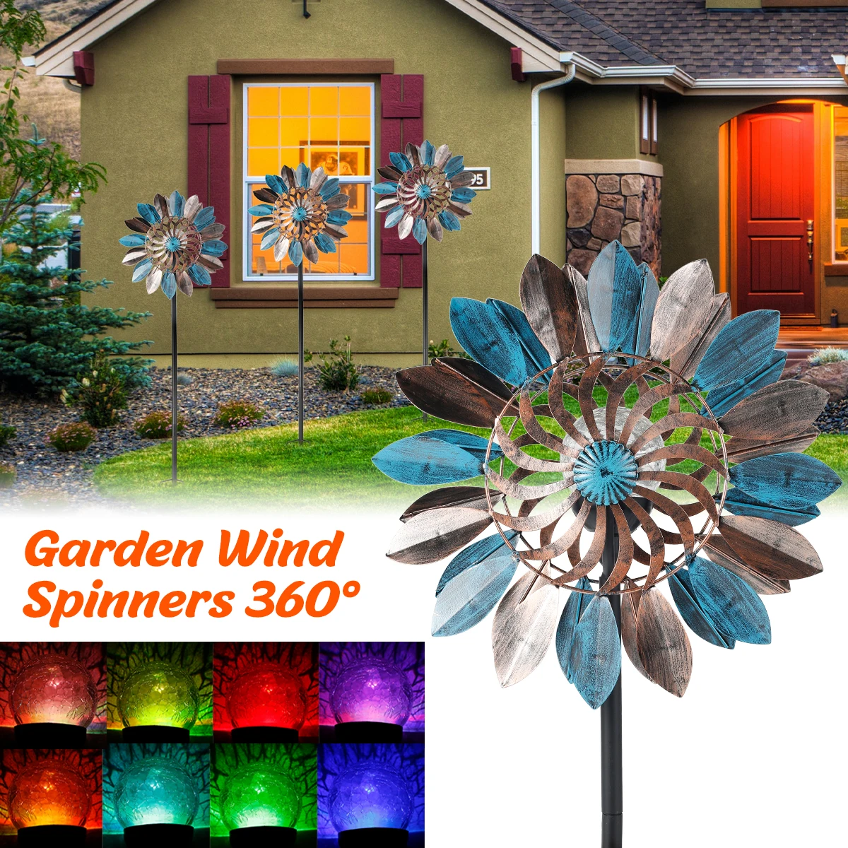 NEW Wind Spinner Outdoor Solar Iron Windmill Color Changing Solar Wind Spinner 360° Swivel Wind Light IP65 Waterproof Windmill