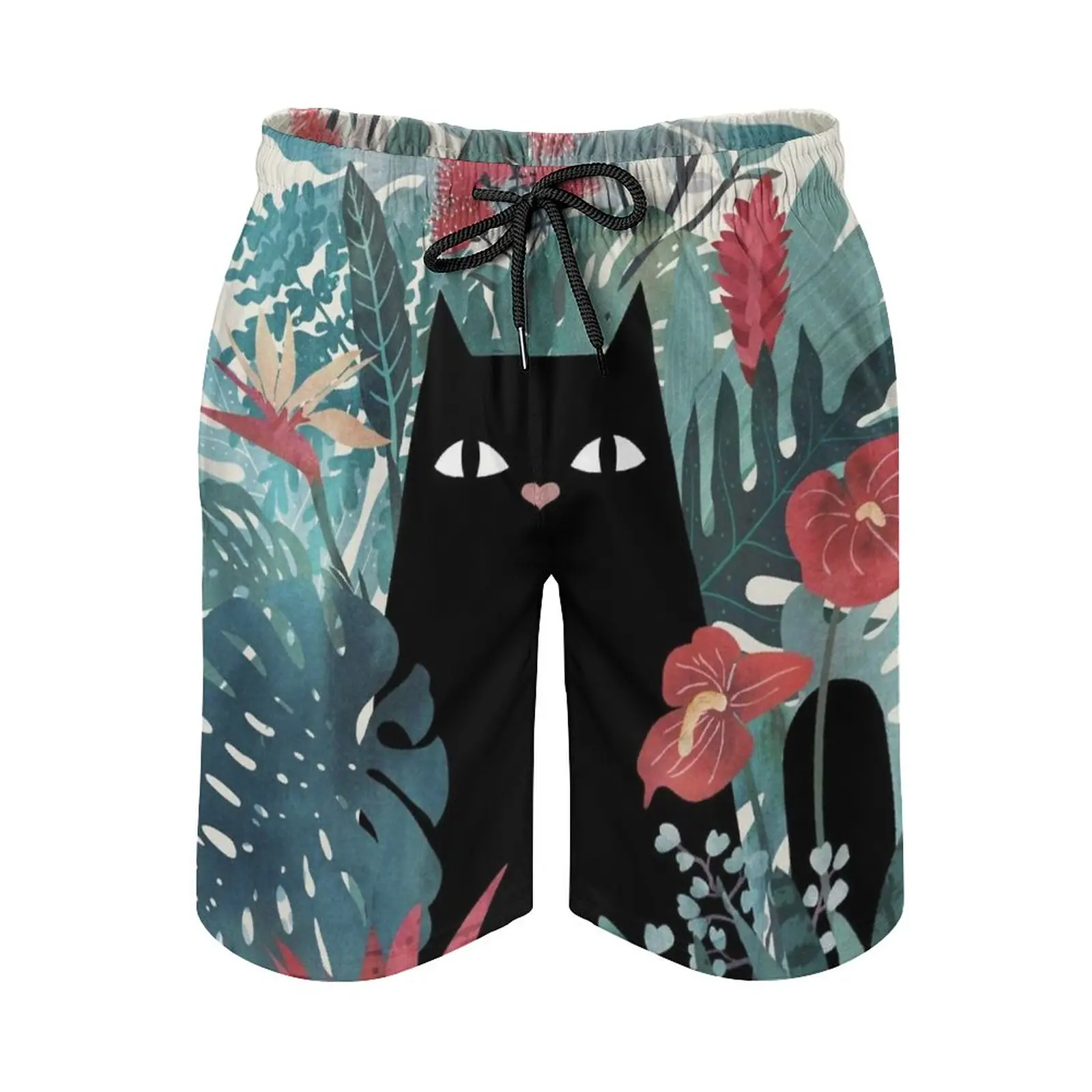 

Popoki Men's Sports Short Beach Shorts Surfing Swimming Boxer Trunks Cat Black Cat Hawaii Aloha Tropic Paradise Flowers Floral