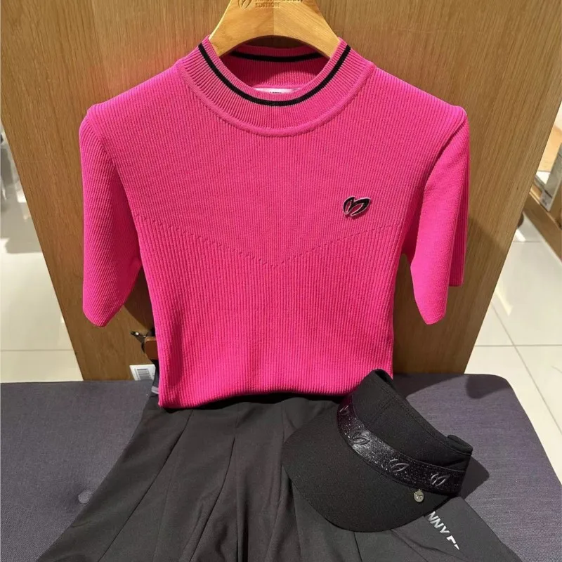  Women's Mock Neck Ribbed Knit Scallop Short Sleeve T Shirt Tops