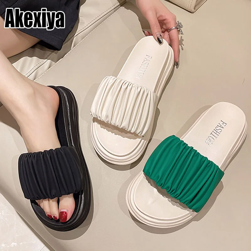 

2022 Summer New Pleated Leather Open Toe Women Mules Comfortable Casual Flip Flops Beach Slippers BC4369