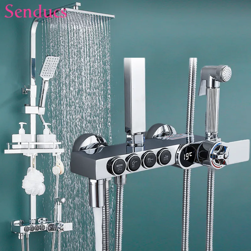 

Hot and Cold Digital Bathroom Shower Mixer Crane Chrome Rainfall Shower Faucets Set Solid Brass Bathroom Tap Set