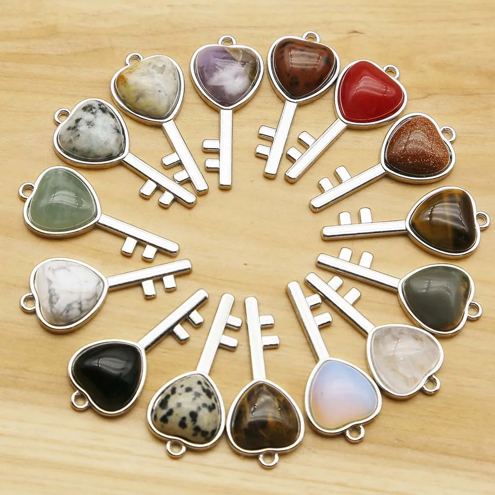 Selling Natural Stone Heart Crystal Agate Key Pendants Opal Stainless Steel Necklace Fashion Jewelry Accessories Wholesale 10Pcs