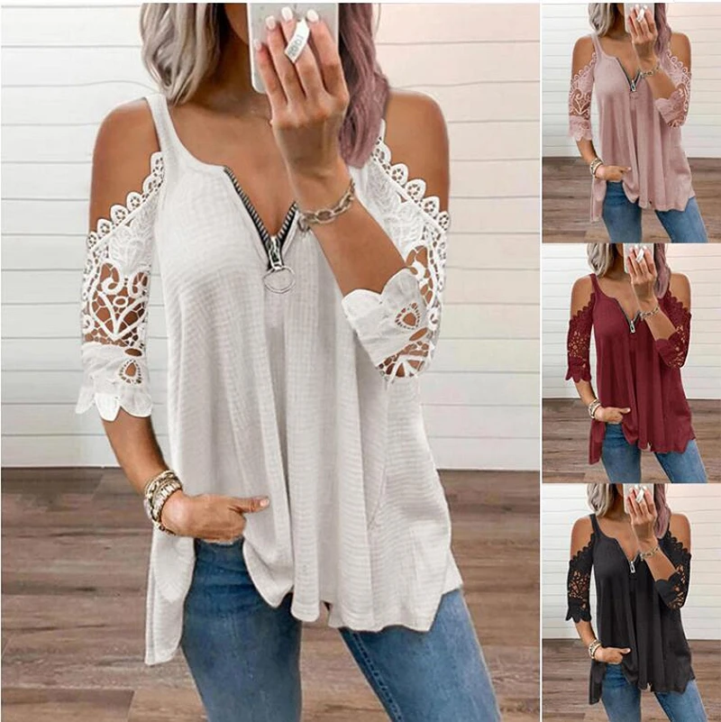 

Off Shoulder T-Shirt Womens Clothes Summer Fashion Sexy Lace Petal Zipper Collar Casual Elegant Tunic T Shirts Loose Female Tops
