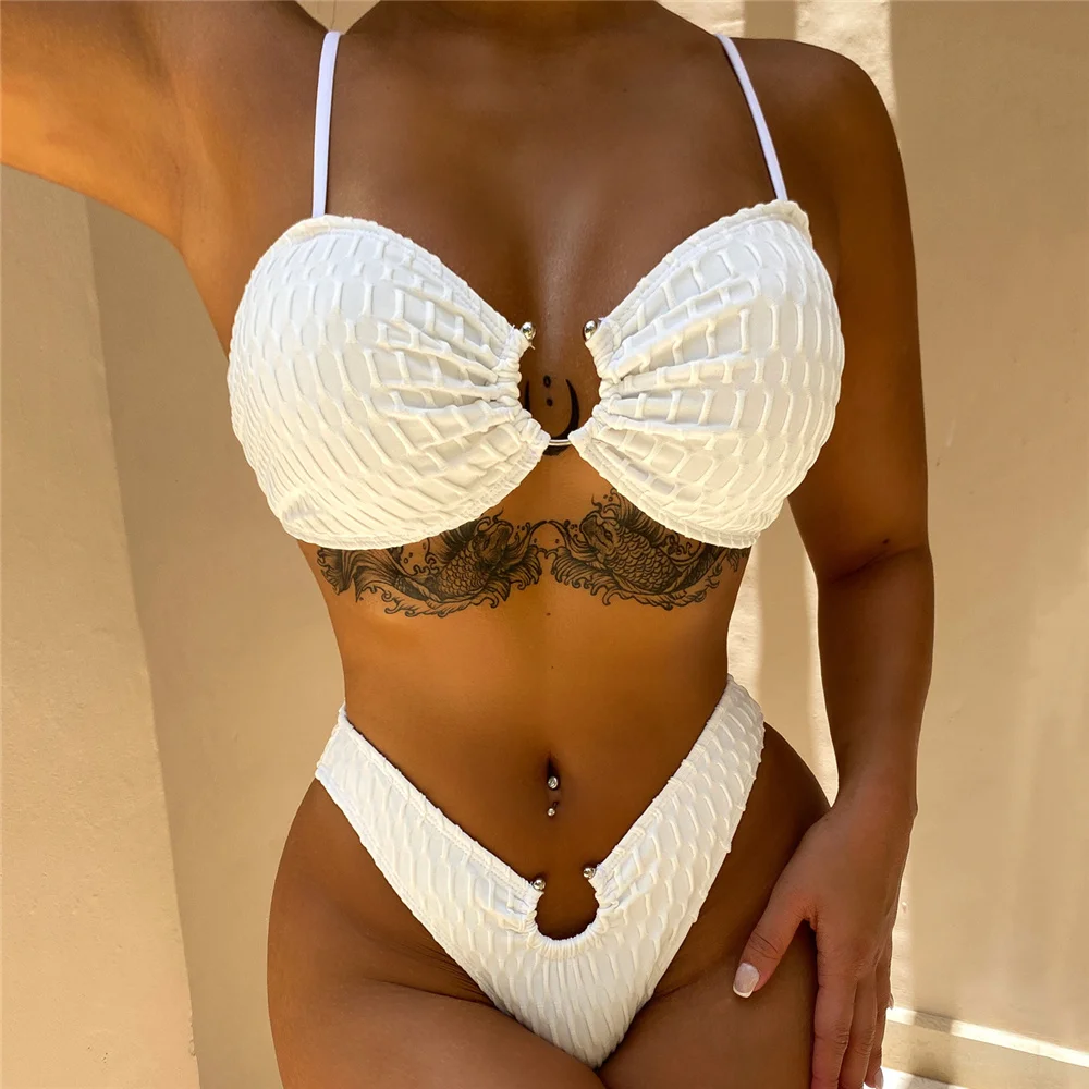 

Соблазнительное белое бикини 2023, женский купальник пуш-ап, женский купальник со складками и металлическими кольцами, комплект из двух предметов, бикини с высоким вырезом, купальный костюм
