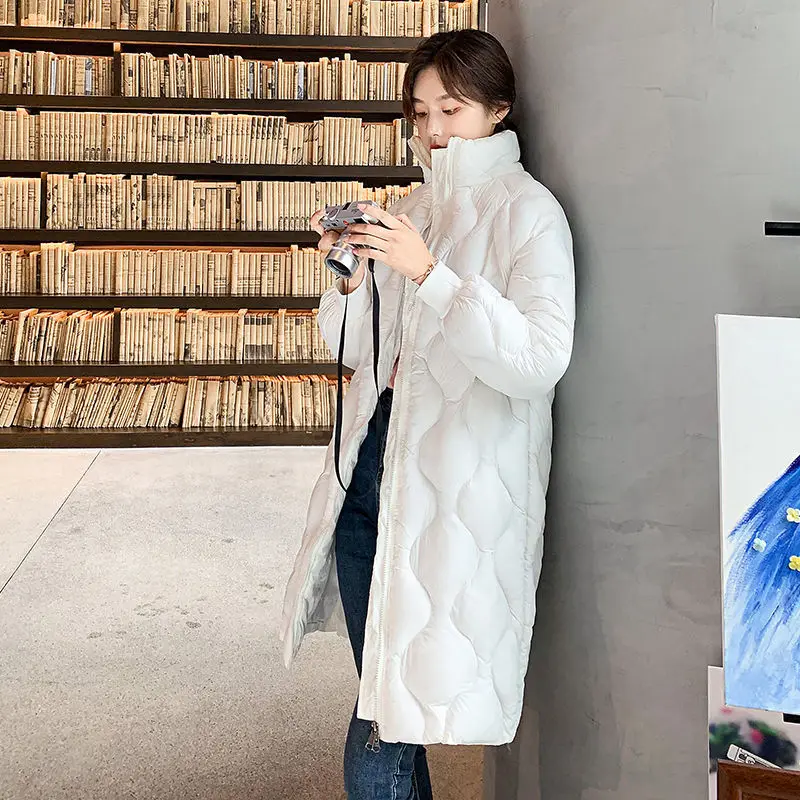 2022 New Long Straight Winter Coat Women Bright Parka Female Korean Warm Thick Loose Cotton Coat Elegant Turn Down Collar Jacket
