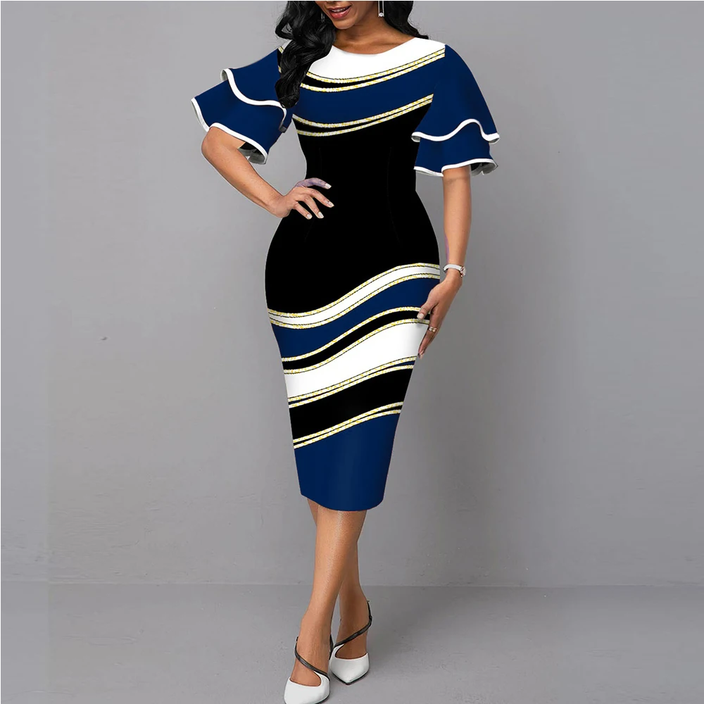 

OTEN Vintage Contrast Color Elegant Office Work Women Bodycon Ruffle Sleeve Pencil Dresses Vestido Coctel Tallas Grandes Fiesta