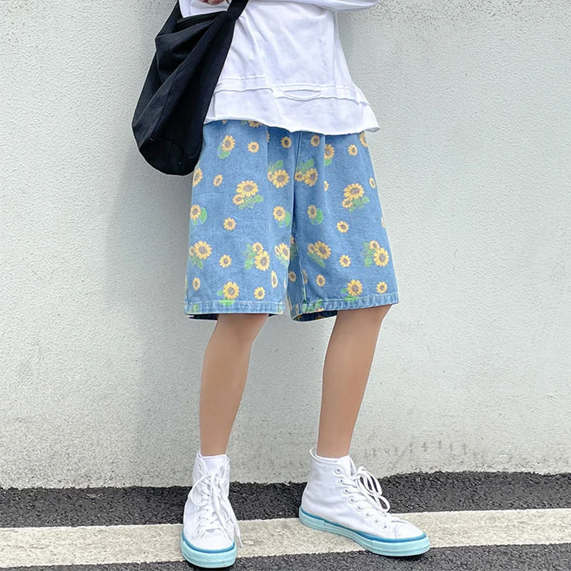 Summer Casual Denim Shorts Men Ins Fashion Printed Baggy Jeans Straight Pants Oversized Bottoms Streetwear Vintage Y2K Clothes