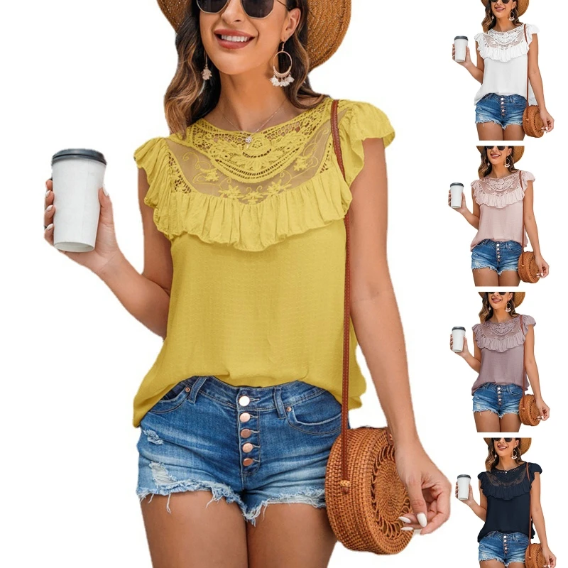 

Women Embroidery Lace Stitching Tunic Blouse Ruffles Trim Solid Chiffon Shirts