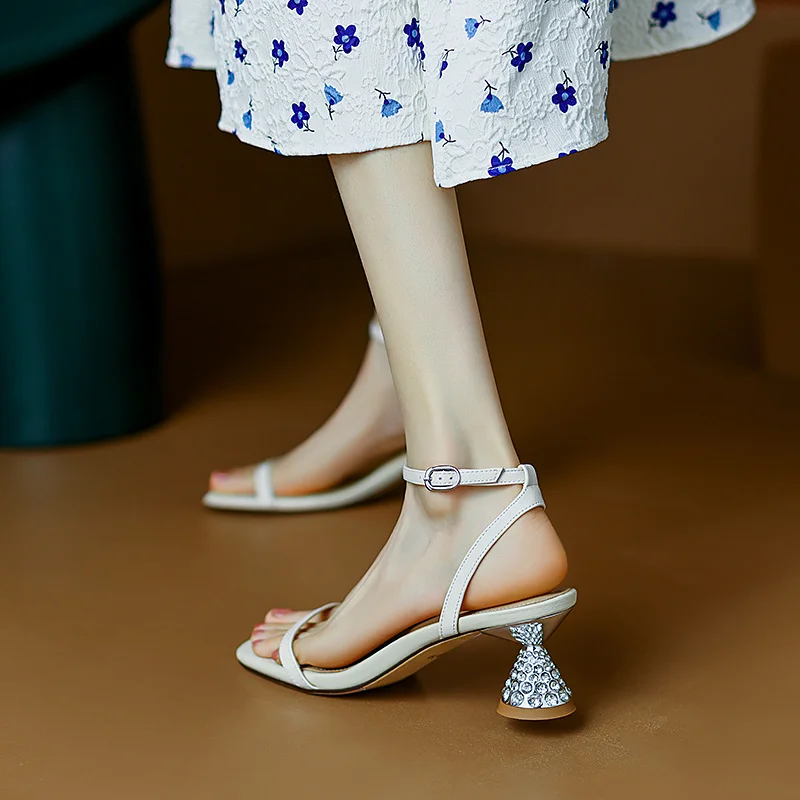 

Elegant Women Pumps Party Shiny Crystals High Heel Wedding Shoes Spring Summer Sandals Open Toe Cowhide Slingbacks