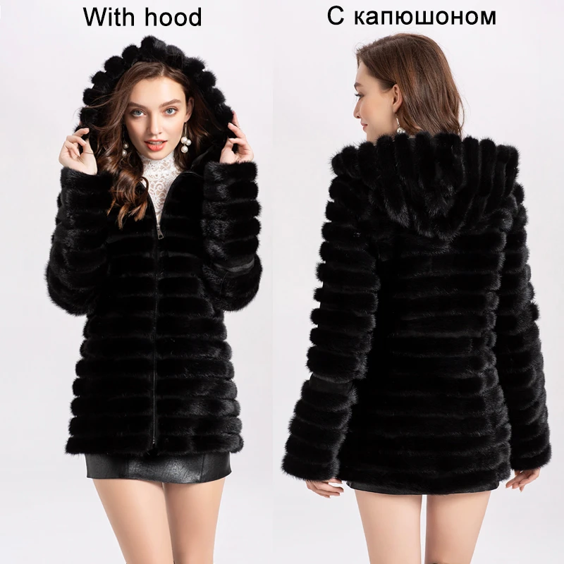 Luxury Black Natural Mink Coats Women Winter Real Mink Fur Hooded Jacket Female Fashion Genuine Thermal Fur Coat Ladies New