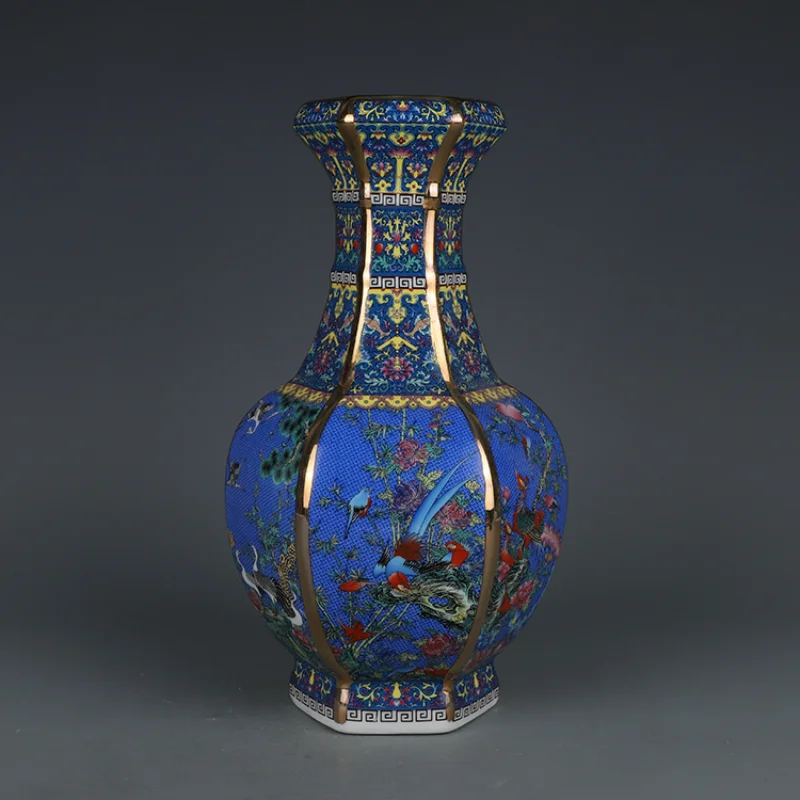 

Qianlong, эмалированный цвет, синий цветок и птица, узор шестиугольной формы, стандартные украшения