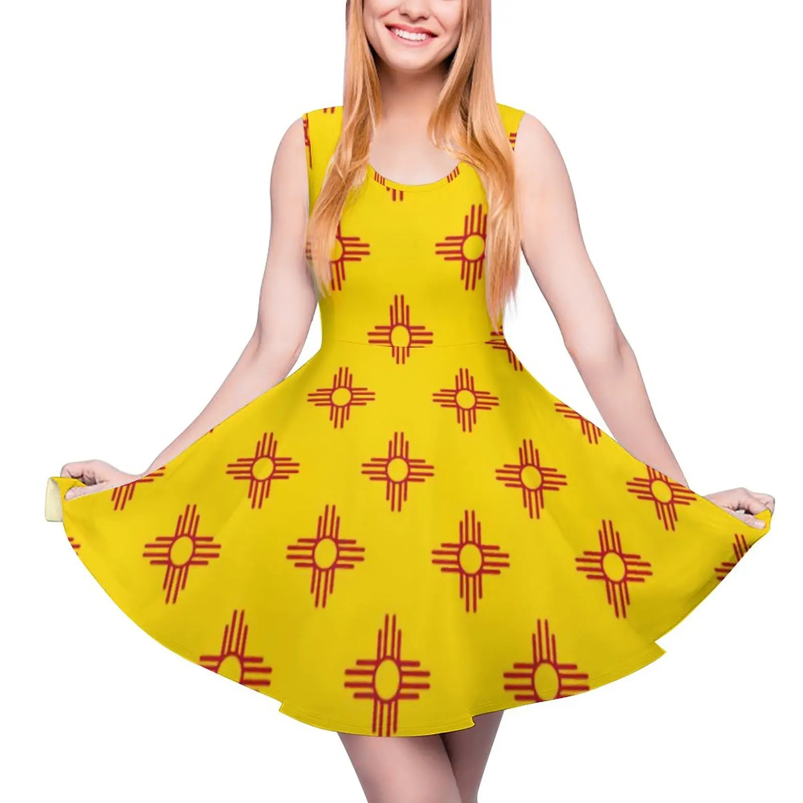 

Zia Sun Symbol Dress New Mexico State Flag Red Club Dresses Sleeveless Aesthetic Big Size Skate Dress Womens Design Vestidos