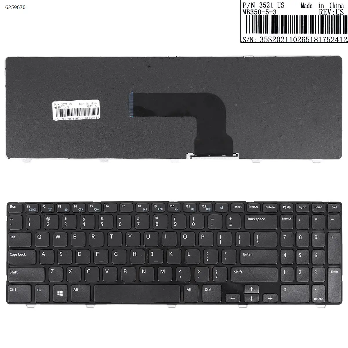 Клавиатура US для ноутбука DELL Inspiron 15 3521 15R 5521 2521 Глянцевая черная рамка