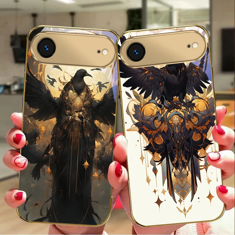 Фото Золотой чехол для телефона с изображением гигантской птицы для iPhone Air 17 Pro Max 16 15 Pro 14 13Plus 12mini 11 17Air XR 16E 17ProMax, стеклянный, золотистый №5