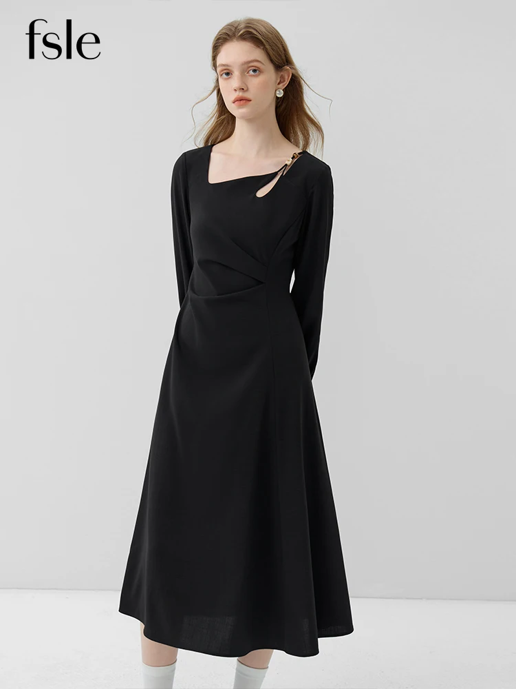 

FSLE New Chinese Style National Style Hollow Asymmetric Design Dress for Women Autumn Chic Sense Elegant Mid-length Dress Female