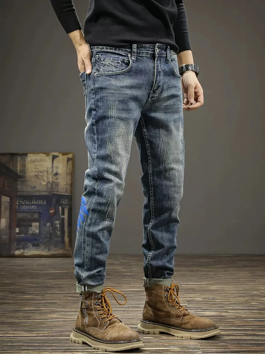 Fashion Designer Men Jeans High Quality Retro Blue Elastic Slim Fit Ripped Jeans Men Vintage Trousers Printed Denim Pants Hombre
