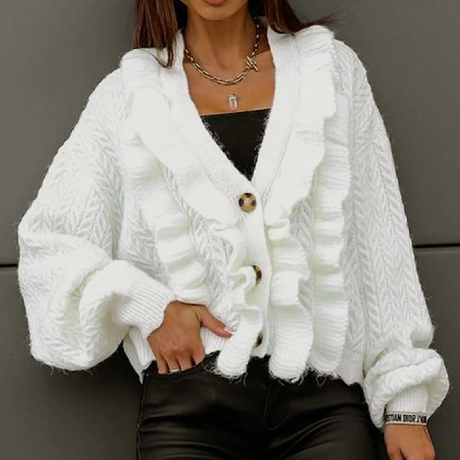 

Velvet Puff Sleeves Stitching Hollow Knitted Cardigan Women's Spring And Autumn Sweater Small Holiday Sweater for Women Dressy