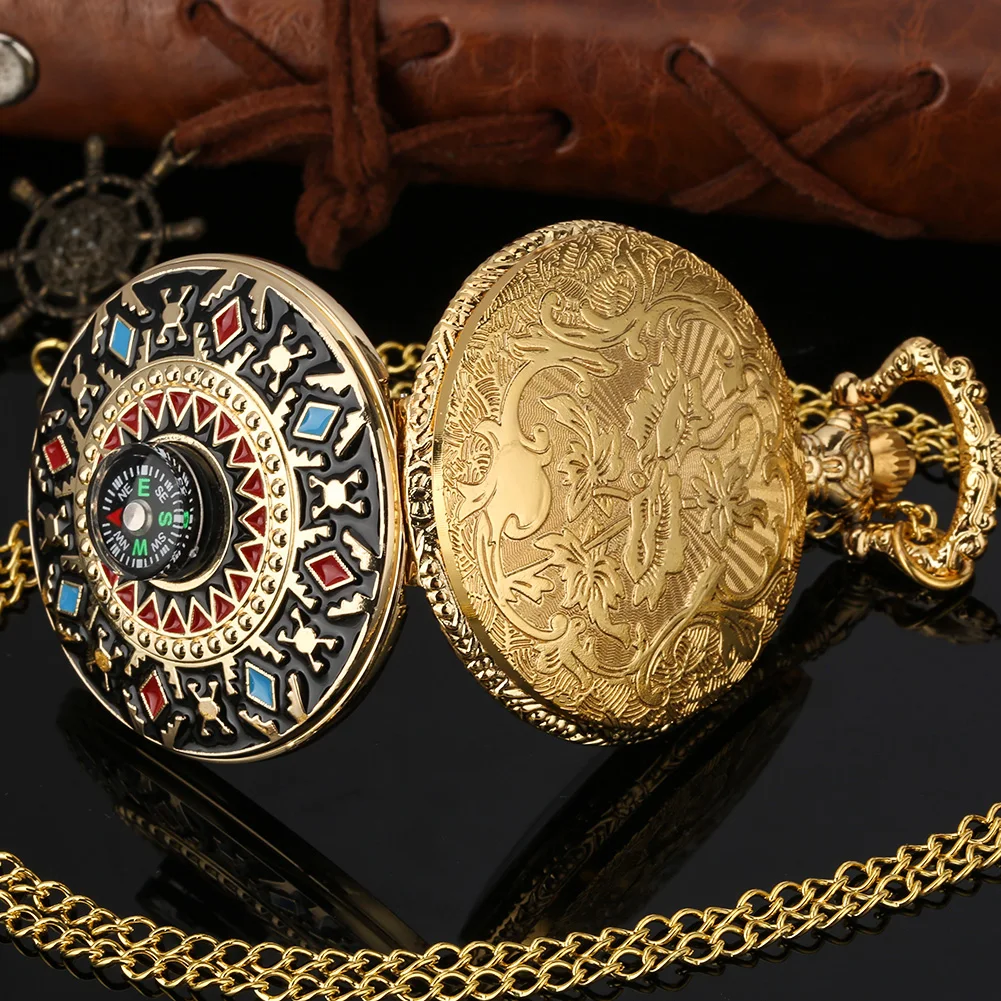 Pocket Watch Gold Geometric Pattern Compass Design Fashion Luxury Quartz Pocket Watch Pendant Necklace Gift Reloj De Bolsillo