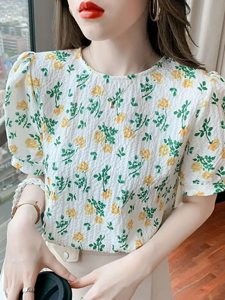 

VONDA 2022 Summer Stylish Women Short Puff Sleeve Casual O Neck Blouse Floral Printd Bohemian Blusas Top Party Shirts Femininas