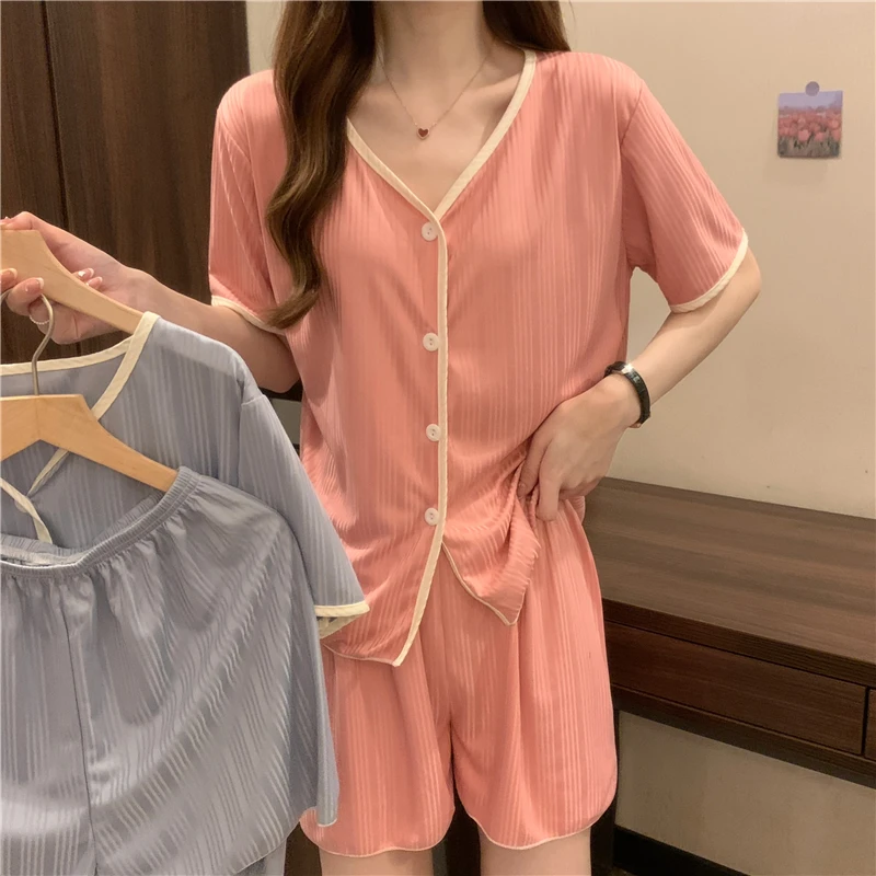 

Striped Summer Pajamas Set Women Single Breasted Shirts + Shorts Suit Casual Two Piece Home Suit Thin Sleepwear Nightwear