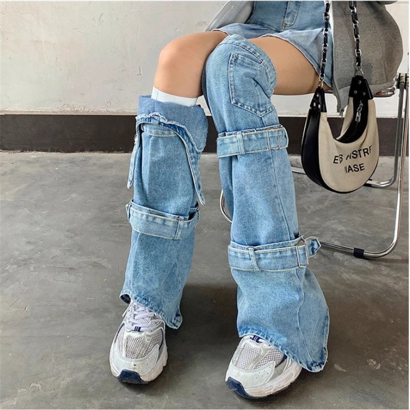 Punk Western Cowboy Leg Warmers Women Winter Japanese Harajuku Patchwork Lace-Up Boot Cover Female Y2K Goth Sock Cover