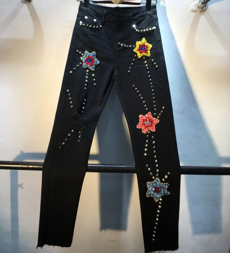 

2022 Autumn Winter New Slim Jeans Beaded Sequins Petal High Waist Stretch Ripped Jean Pants Skinny Black Girls Denim Pants Mujer