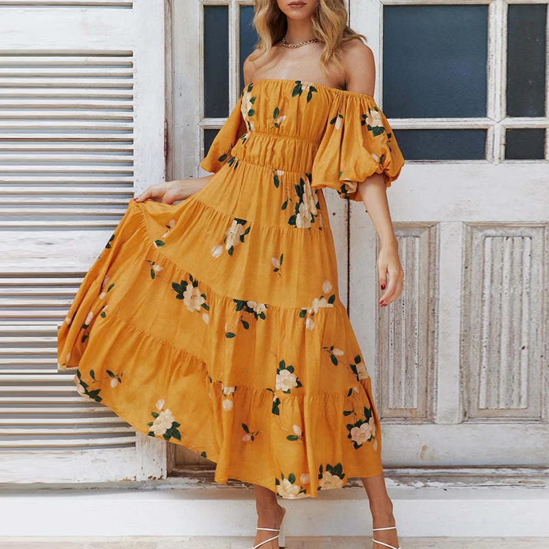 

Sexy Off Shoulder Flower Print Pleated Dress Elegant High Waist Puff Sleeve Party Long Dress Holiday Slash Neck Boho Beach Dress