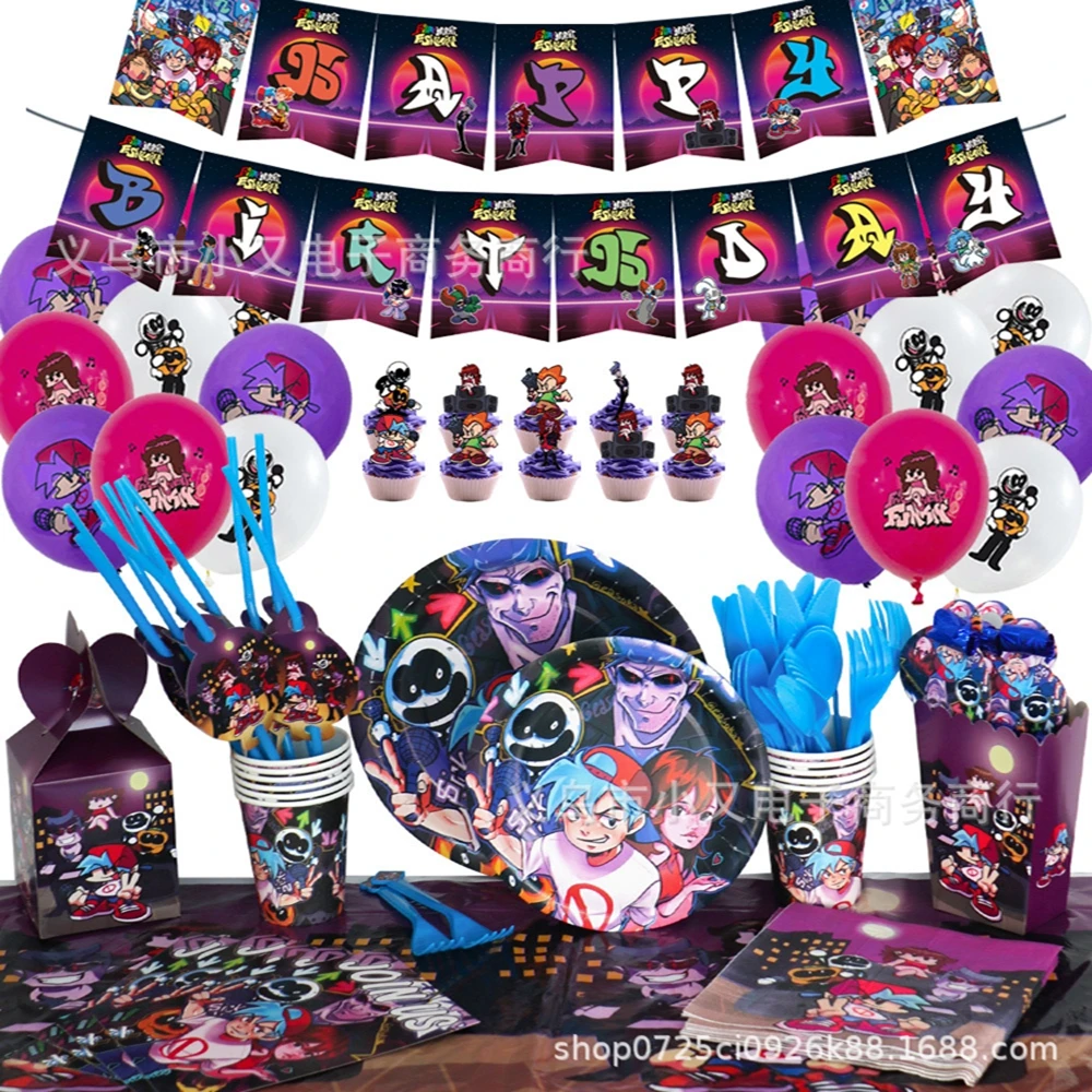 

Friday Night Funkin Birthday Tableware Set Supplies Friday Night Funkin Banner Cake Toppers Balloons Party Decoration For Fans