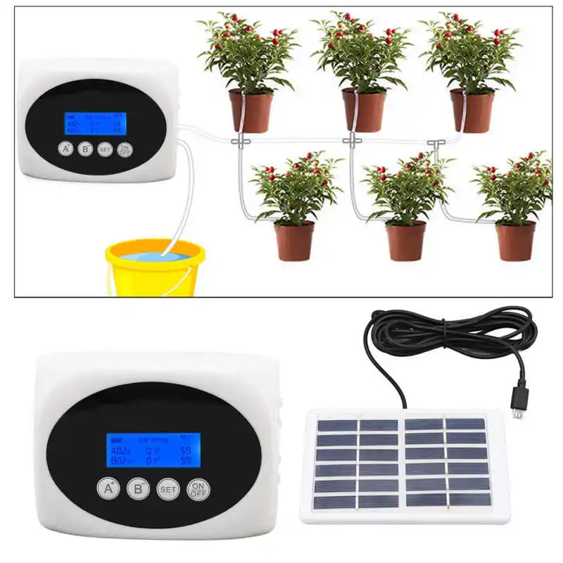 Solar Automatic Watering Pump Controller Watering System Dual Timed Irrigator Sprinkler Plant Watering Drip Kit 10m for 15 Pots
