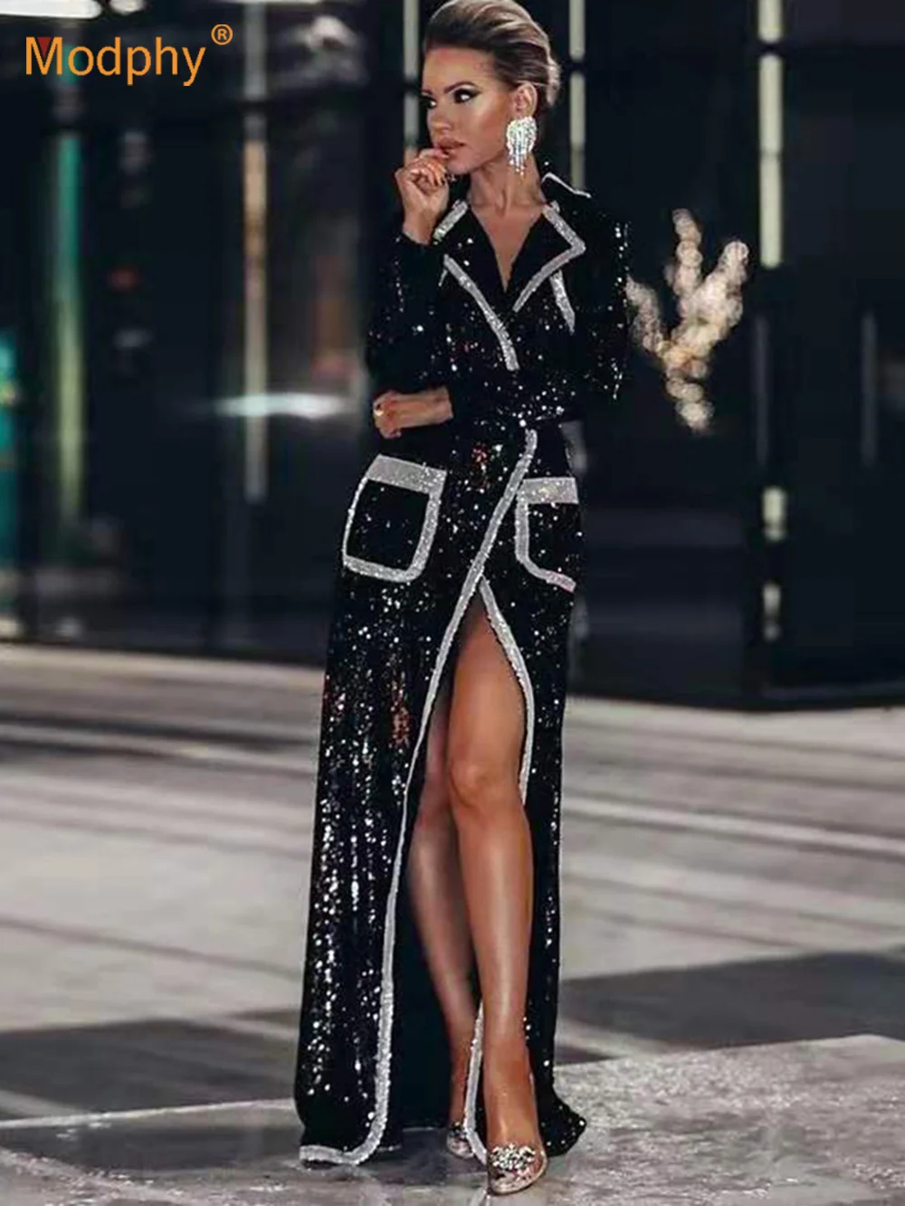 

2023 New Women'S Fashion Jacket Sexy Black Sequins V-Neck Long-Sleeved Double-Breasted Long Coat Women'S Long-Sleeved Windbreake