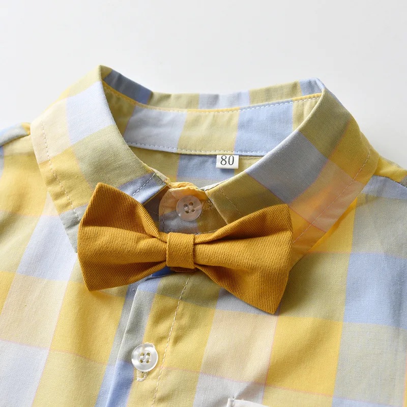 2022 Spring and Autumn Children's Long-sleeved Yellow Plaid Shirt + Bib Trousers Two-piece Set Gentleman's Children's Clothing