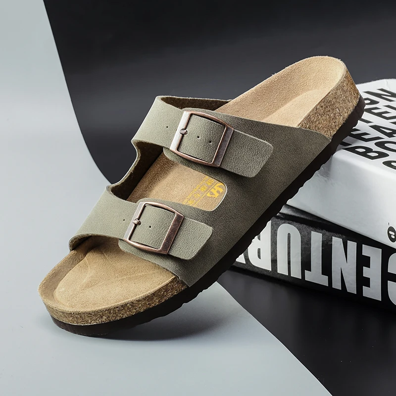 Brown Classic Buckle Cork Slides Slippers For Men Slippers