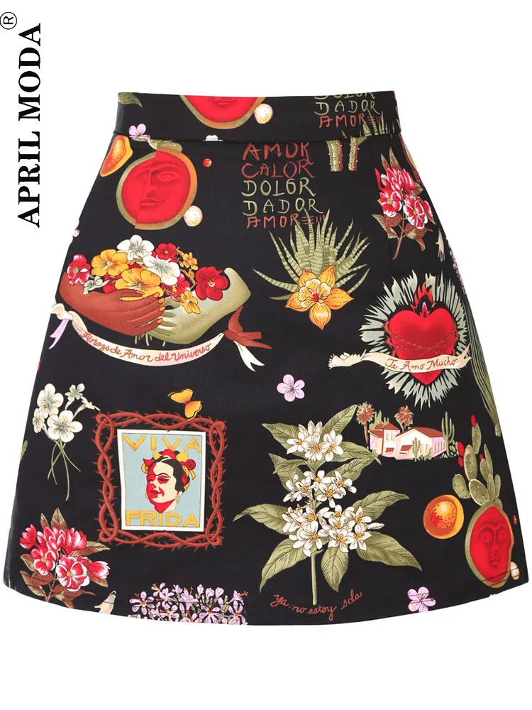 Beach Streetwear Vintage Black Floral Print Short A Line Skirt Falda Corta