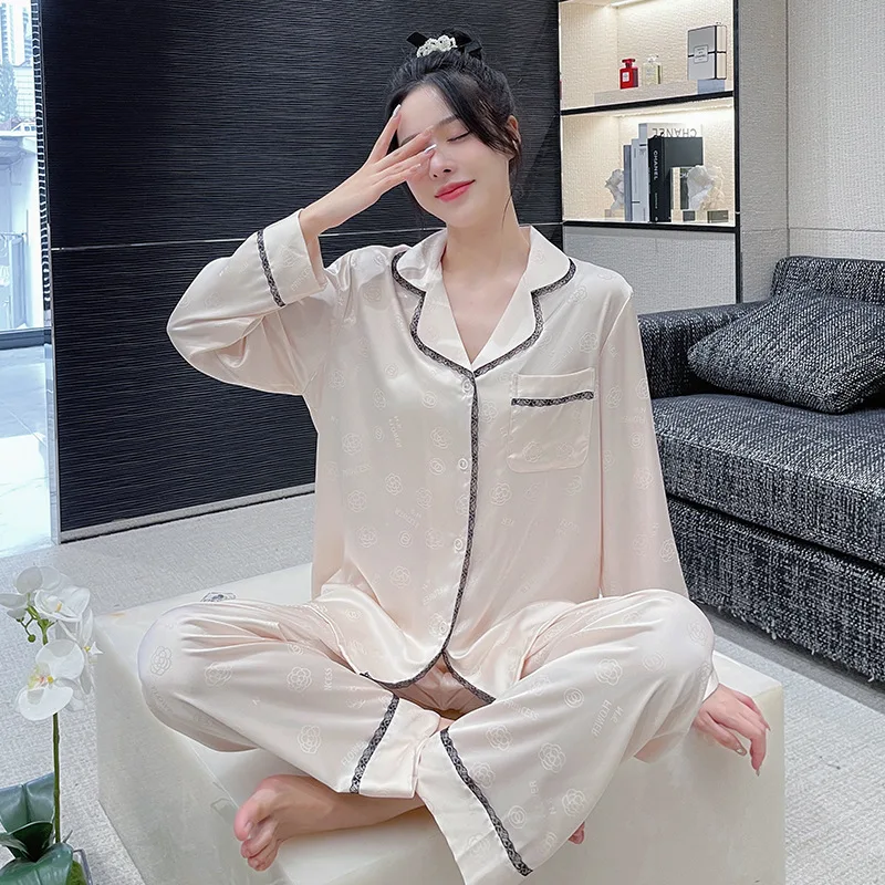 2023 Autumn Light Luxury Pajamas Women's Ice Silk Long Sleeve Two-Piece Set Camellia Jacquard Artificial Silk Home Wear