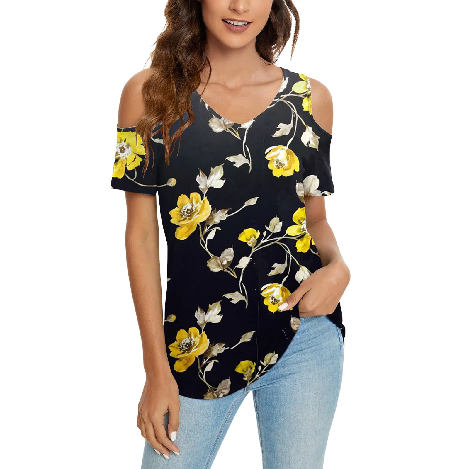 

Женская блузка с коротким рукавом, V-образным вырезом и открытыми плечами