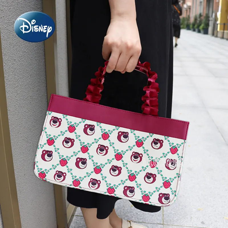Disney Strawberry Bear Original New Women's Bag Luxury Brand Women's Handbag Cartoon Flower Pleated Handbag Large Capacity