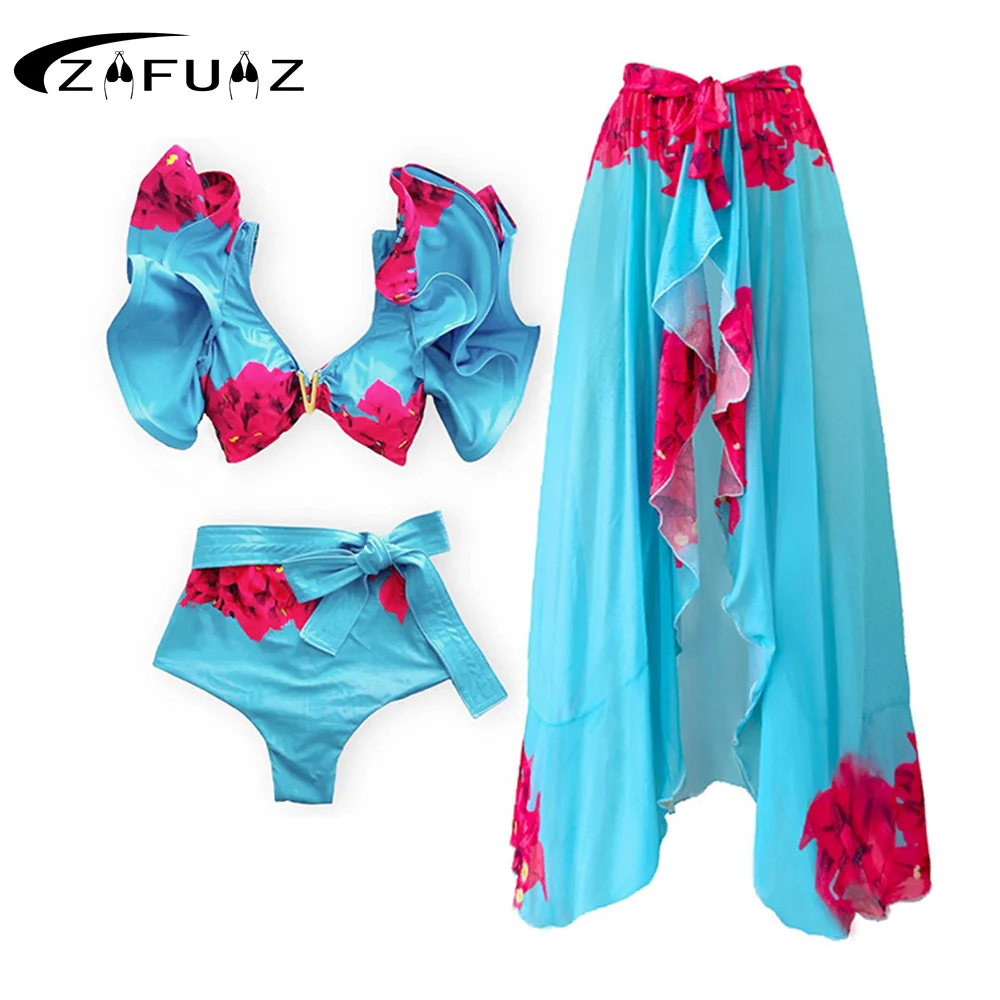 

ZAFUAZ 2023 Sexy Ruffle Printed High Waist Bikini Swimsuit and Sarong Female Retro 3D Flower Swimwear Skirt Beach Bathing Suit