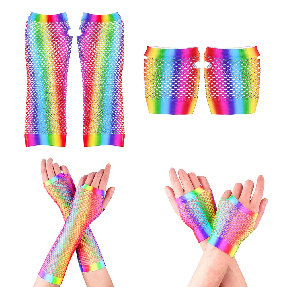 

New Ladies Sexy Rainbow Color Mesh Net Fishnet Gloves Hollow Out Holes Fingerless Gloves Lady Disco Dance Costume Half Mittens